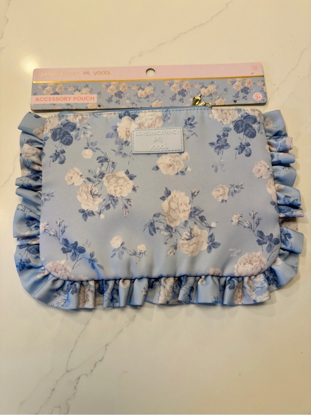 LoveShackFancy Blue Floral Ruffle Accessory Pouch